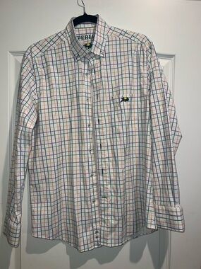 Perlis Mardi Gras gingham sport shirt crawfish embroidery size medium